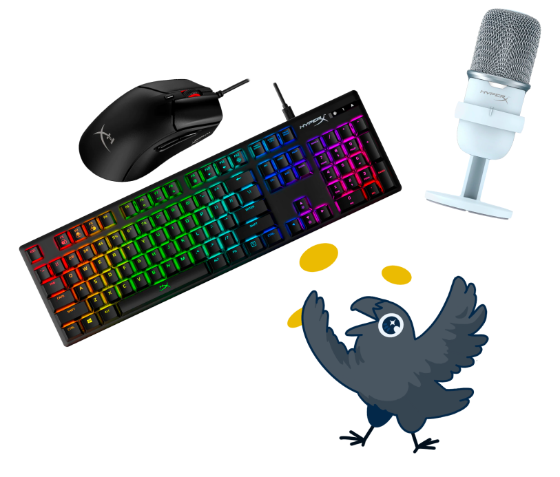 Bird with HyperX keyboard, mouse, and microphone